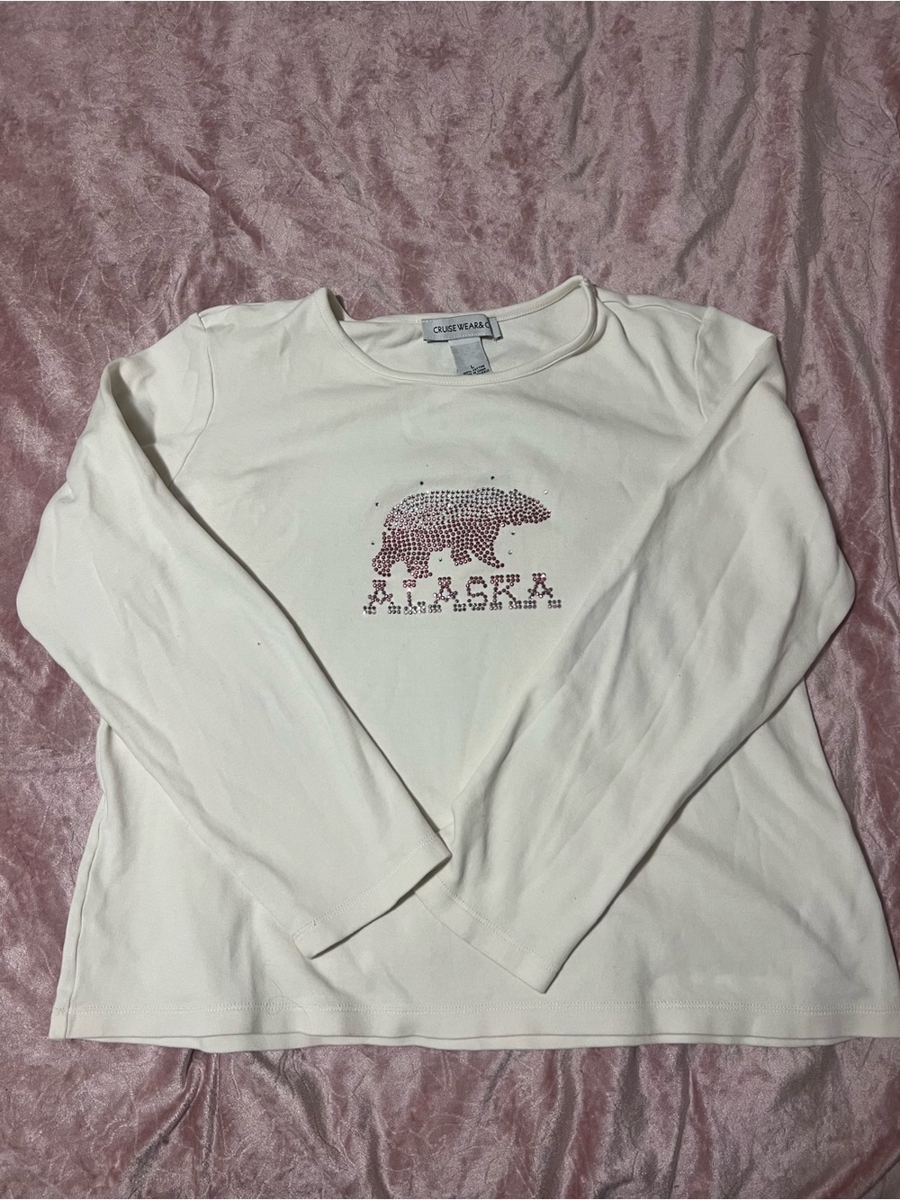 Ivory Long-Sleeve Tee with Pink Rhinestone Bear